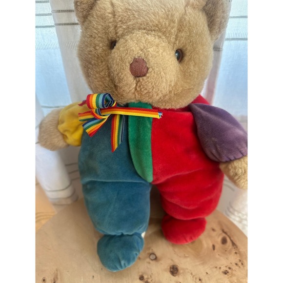 Other - Vintage Color Block Teddy Bear Plush Rainbow Ribbon Primary Colors Velour 7.6oz